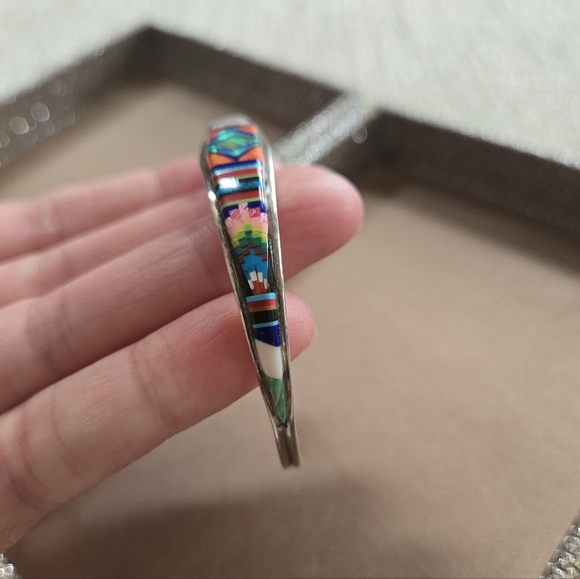 Vintage Zuni Sterling Inlay Gemstone Cuff Bracelet - Picture 7 of 10